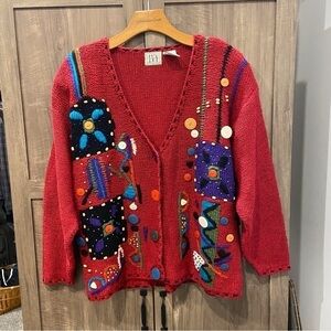 IVY Vintage Large Sweater Cardigan Embroidered 90’s Silk Blend‎ Button Front Art